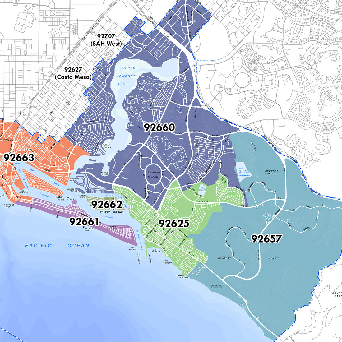 Map of Newport beach Zip Codes in Different Colors